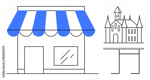 Small shop facade with blue awning alongside a castle on a pedestal. Ideal for tourism, small business, retail, architecture, local economy, creativity, and storefront themes. Simple flat metaphor