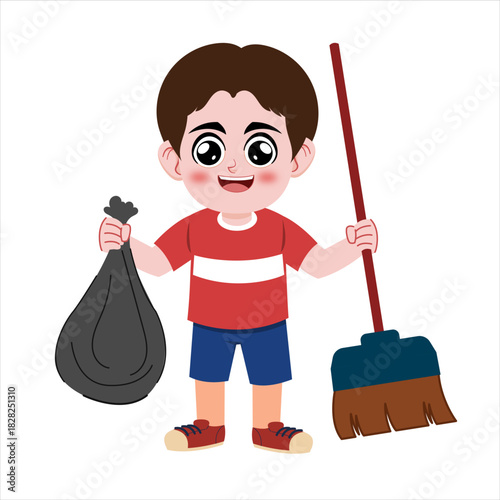 Boy Carrying Trash Bag and Broom