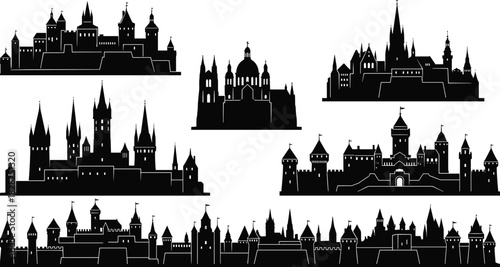 Medieval fantasy castle and European city skyline silhouette vector collection, a set of ancient town and fortress landscape outlines, architectural historical landmark graphic elements, isolated b
