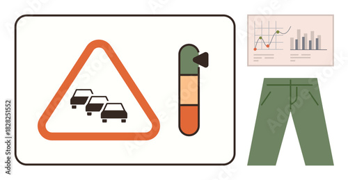Congestion sign with cars, progress gauge, analytical chart, and green trousers. Ideal for traffic reports, safety awareness, data analysis, urban planning, fashion concepts minimalism simple flat
