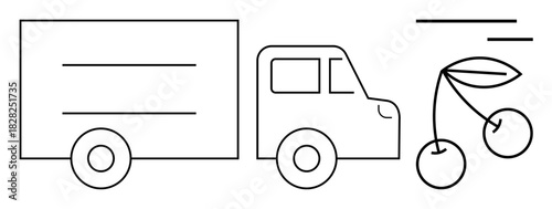 Delivery truck and cherries icon emphasize logistics, agriculture, trade, freshness, and sustainable supply chains. Ideal for fruit transport, farming, food delivery, eco-commerce logistics