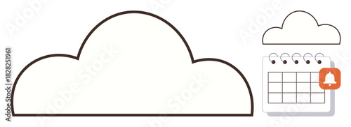 Large cloud icon beside a calendar with notification bell. Ideal for cloud storage, scheduling, organization, productivity, reminders, app interfaces, simple flat metaphor