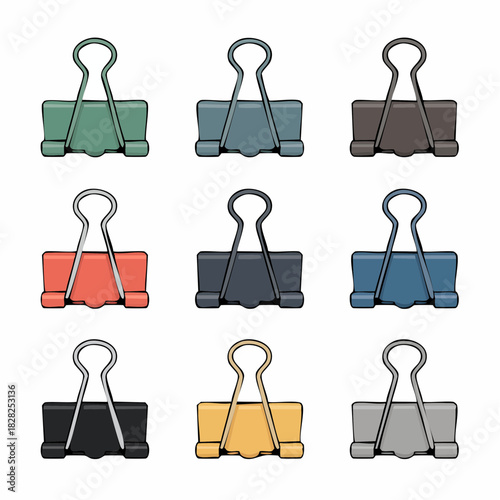 A vibrant collection of nine colorful binder clips arranged in a grid, essential office supplies for organizing documents.