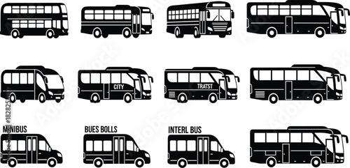 Bus icons, black and white, transport symbols, city bus, minibus, transit, intercity, double-decker, travel, public transport, silhouette, graphic, collection, vehicle, illustration, isolated