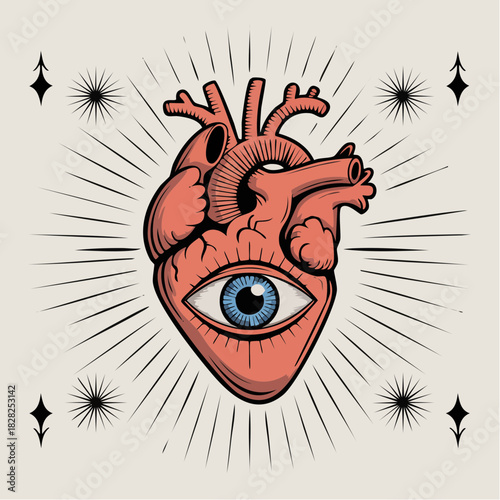 Mystical anatomical heart illustration with an all-seeing eye and radiating lines, surrounded by celestial elements.