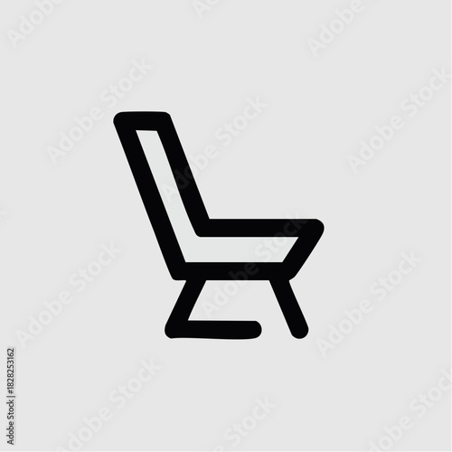 Minimalist black line art icon of a modern lounge chair on a light gray background.