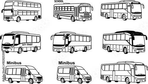 Bus, minibus, school bus, city transit, coach, passenger transport, public vehicle, travel, commuting, transportation, fleet, urban, rural, double-decker, illustration, graphic, outline