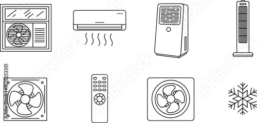 Cooling, ventilation, air conditioner, fan, exhaust, remote, climate control, summer, indoor, appliance, technology, airflow, equipment, household, portable, split AC, tower fan