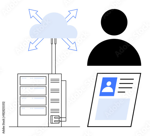 Cloud computing concept. Cloud computing enables data storage and user access via servers and digital profiles. Cloud computing for technology, cybersecurity, identity management, IT systems, data