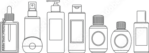 cosmetic packaging template, toiletry containers mockup, product design elements, personal care bottle set, branding layout, dispenser types illustration