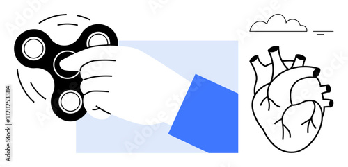 Fidget spinner concept. A hand spinning a fidget spinner with a drawn human heart and cloud as secondary elements. Fidget spinner for focus, relaxation, ADHD, mental health topics, and youth culture