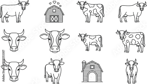 cow, barn, farm animal, dairy, agriculture, livestock, rural, milk, pasture, cattle, countryside, blue line art, illustration, stylized cow, barn icon, farming, domestic animal, livestock drawing