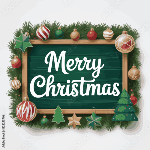 Generate a Merry Christmas sign banner green wood frame with empty space and festive decoration vector art with white background