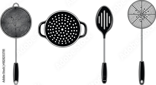 Kitchen strainer, colander, slotted spoon, spider strainer, cooking tools, food preparation, utensil set, stainless steel, culinary equipment, draining essentials