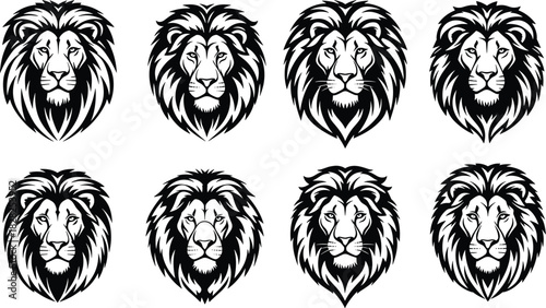 lion head, graphic style, bold illustration, majestic animal, symmetrical design, fierce expression, tribal art, emblematic icon, vector artwork, stock image