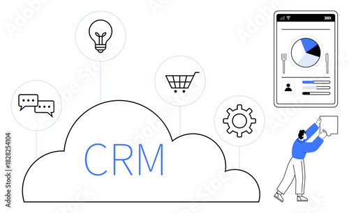 CRM concept. CRM with cloud and icons thumbs up chat, shopping cart, and analytics. CRM for digital interaction, automation, marketing, and customer support. For business IT and data management