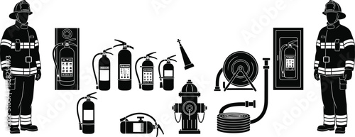 Firefighter and Fire Safety Equipment Silhouette Vector Set Including Extinguishers, Hydrant, and Hose Reel for Emergency Services and Protection Design