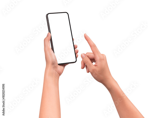 Hand using a smartphone isolated on transparent PNG.