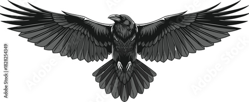 Highly Detailed Vector Illustration of a Majestic Black Raven or Crow Flying with Wings Fully Spread, Depicting Freedom, Power, and Gothic Mysticism