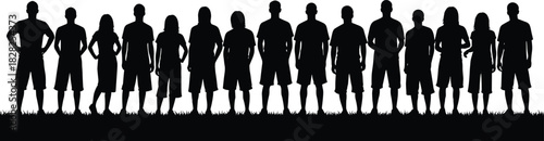 Large Group of Diverse Young People Standing in a Row on Grass, Black Silhouette Vector Illustration for Teamwork, Crowd, Community, Sports, and Youth Concepts