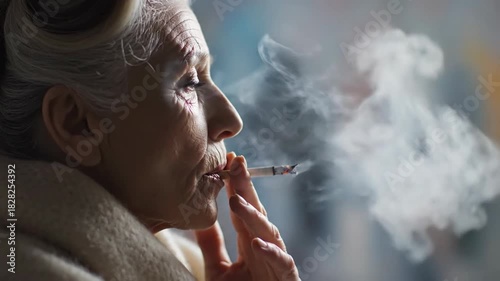 Elderly woman smoking cigarette with wisps of smoke