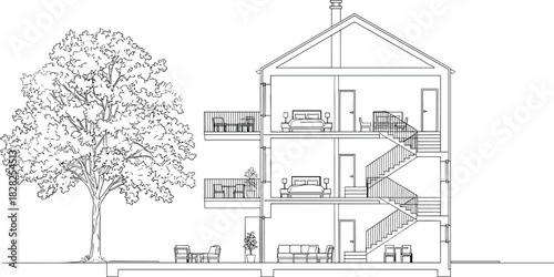 modern residential architecture, interior cross-section, three story house, bedroom layout, balcony design, staircase view, outdoor furniture, tree landscape