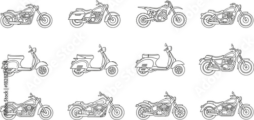 Motorcycle and scooter outline icons, cruiser, dirt bike, touring bike, urban scooter, vector set, transportation, mobility, vehicle, illustration