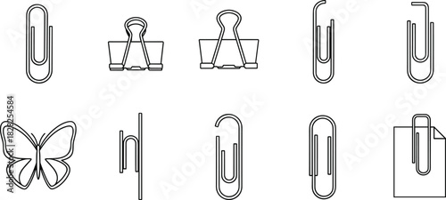 Paper clip icons, binder clip symbols, office supplies vector, stationery design, minimal blue outline, isolated graphic, document tools set
