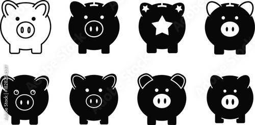Piggy bank icon set, financial symbol, savings concept, money storage, black and white piggy banks, banking, finance, investment, economy