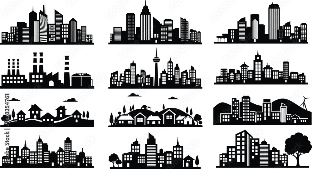 Obraz premium urban skyline, cityscape silhouette, modern architecture, metropolitan view, building shapes, skyline design, urban planning, city design, architectural diversity, silhouette art