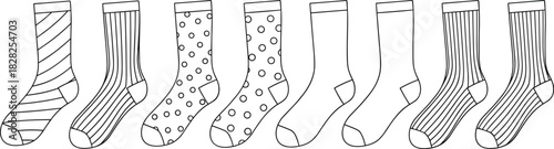 socks pattern collection, striped socks, polka dot socks, plain socks, visual sorting, textile design, fashion accessory, footwear variety, colorful display