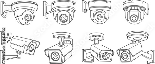 Surveillance camera icons, dome and bullet style, security system illustrations, blue line art, CCTV equipment, monitoring, vector design