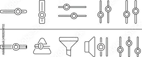 UI icons, sliders, controls, audio interface, video settings, volume adjustment, filter tools, minimal design, blue outline, digital dashboard elements