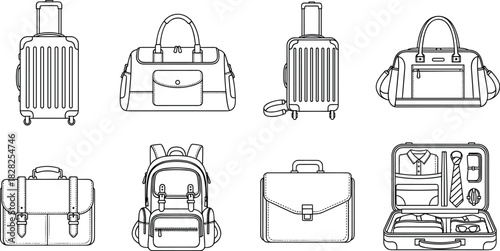Travel bags, luggage icons, suitcase illustration, duffel bag, backpack, briefcase, line art, blue style, vector, organized packing, essentials