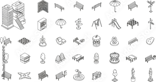 urban park elements, isometric illustration, playground icons, public space design, outdoor furniture, city recreation, landscape planning, park infrastructure, vector set