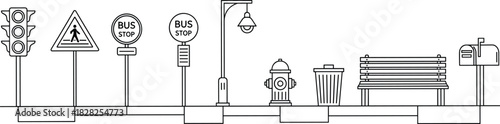 Urban street elements, traffic light, pedestrian sign, bus stop, fire hydrant, trash can, street lamp, park bench, mailbox, city infrastructure
