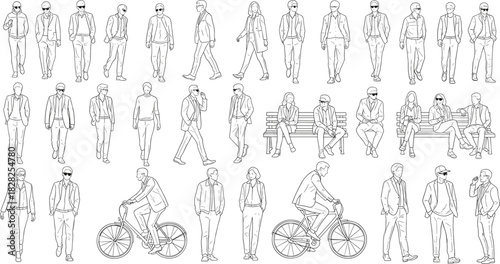 urban people walking, business casual lifestyle, city street activity, diverse characters, everyday moments, line drawing illustration, blue sketch, social interaction