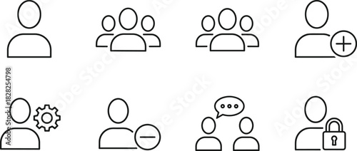 User icon set, group management symbols, blue outline, UI elements, communication, privacy, settings, add user, remove user, chat
