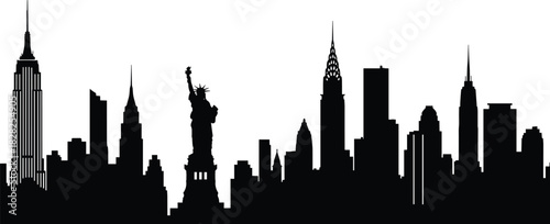 New York City skyline silhouette vector illustration, iconic panorama with Empire State, Chrysler Building, and Statue of Liberty, black and white cityscape for travel and urban design.