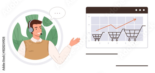 Customer support agent with a headset gesturing toward chart of rising shopping carts. Ideal for ecommerce, customer service, sales strategy, online shopping growth, business success, analytics