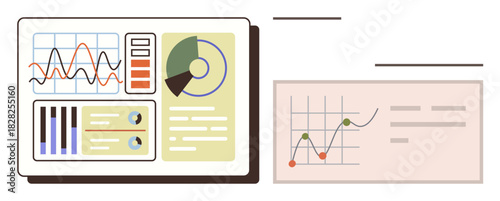 Analytical dashboard features line and bar graphs, pie chart, and metric cards. Ideal for data visualization, analytics, business, finance, reports, presentations planning simple flat metaphor