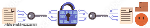 Binary lock with circuits symbolizes encryption, connected to keys, files, and outcomes. Ideal for cybersecurity, data protection, technology, privacy, encryption security protocols data integrity
