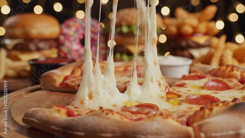 Delicious pizza slice with melted cheese and other food items in the background on a wooden tray