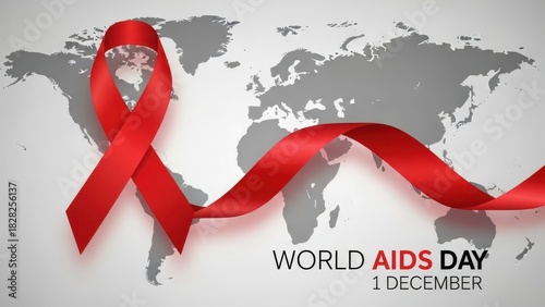 Red awareness ribbon symbolizing world aids day on december 1st overlaid on a gray world map background, representing global fight against hiv and solidarity with affected people