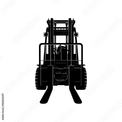 Front view silhouette of industrial forklift truck for warehouse logistics operations