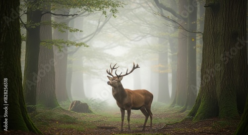Majestic Stag Standing Proudly Amidst the Ethereal Forest Fog Environment