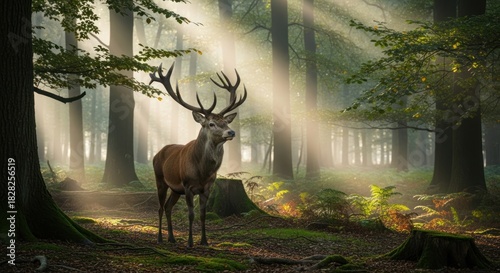Majestic stag in enchanting forest with ethereal sunlight piercing through trees
