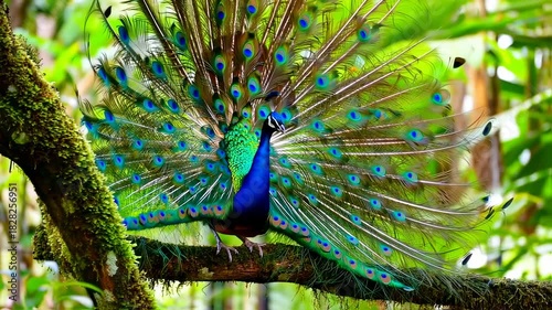 A vibrant peacock, displaying its iridescent feathers on a mossy branch, with a lush green backdrop