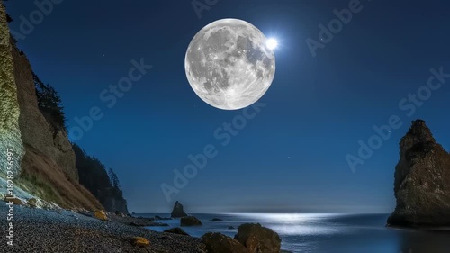 A glowing full moon above a dark beach with cliffs and calm ocean waves. Stars dot the sky