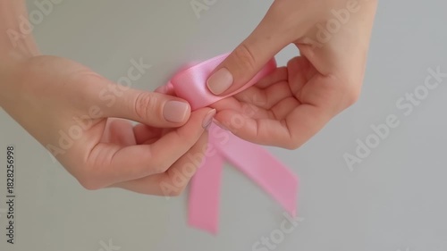 A person's hands are shaping a pink ribbon against a muted grey background